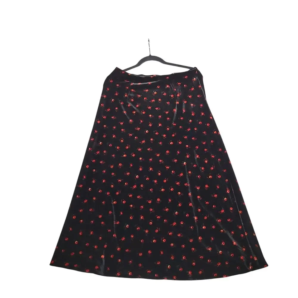 LOFT Womens M Black Velvet Midi Skirt Red Floral Burnout A-Line Holiday Y2K